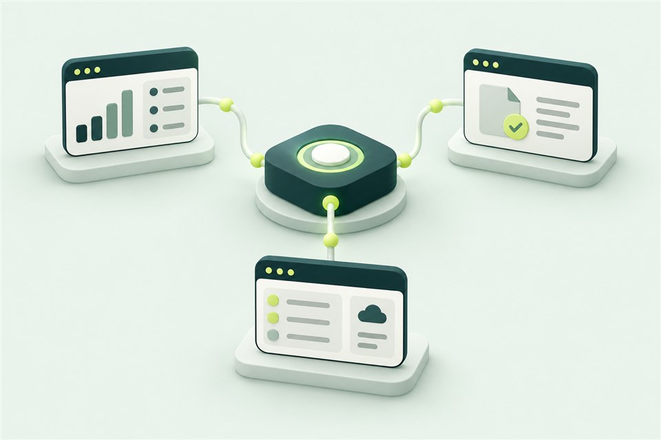 Illustration of business applications connected through a central integration hub