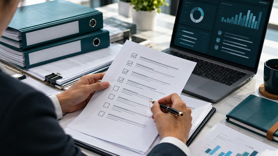 Conceptual image of a reviewer checking audit documents beside a laptop