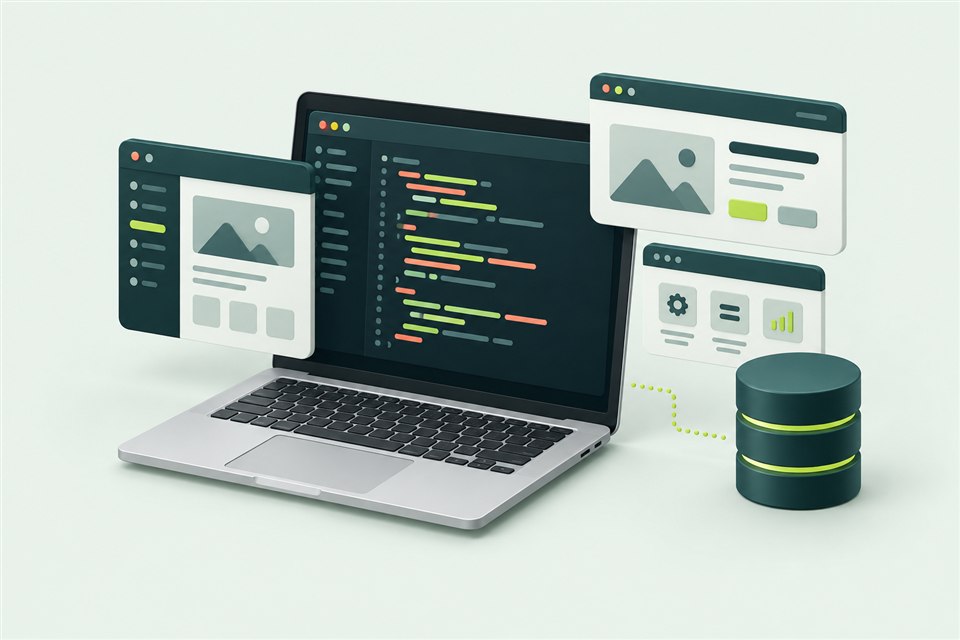Illustration of a code editor, web application panels and a database
