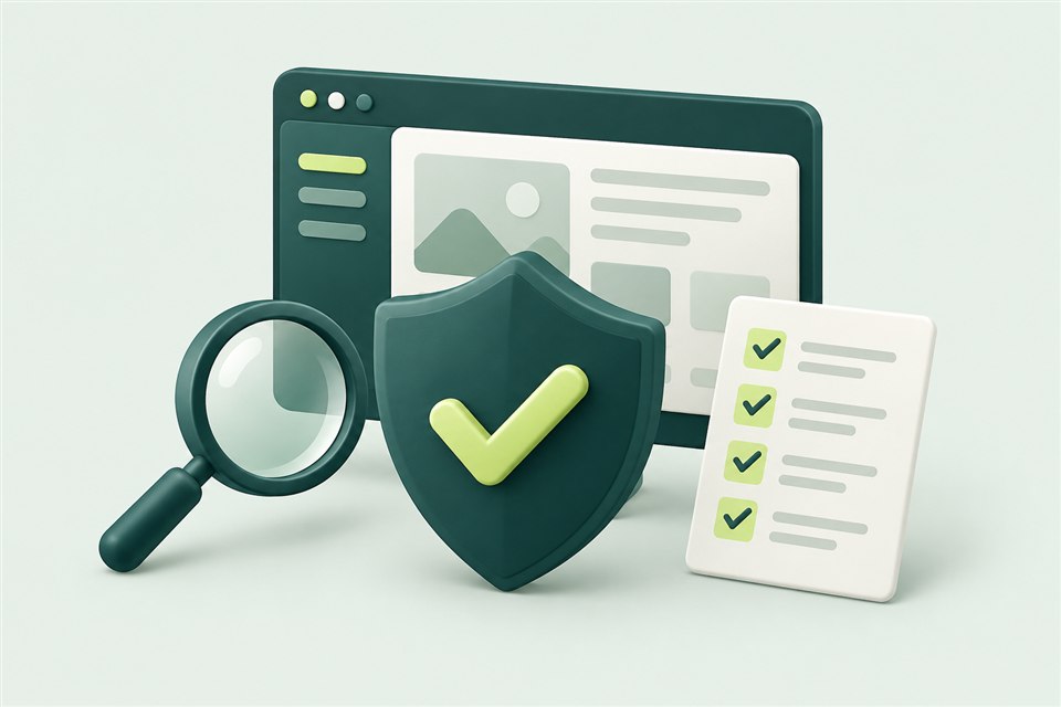 Illustration of a security shield, magnifying glass and checklist for reviewing system security